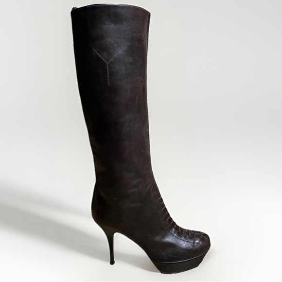 Yves Saint Laurent YSL Brown Tribute platform knee High Heeled Leather Boots 40 - Picture 10 of 17